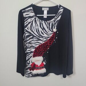 Draper's & Damon's Large Santa Top Womens Black Zebra Leopard Sequin Festive